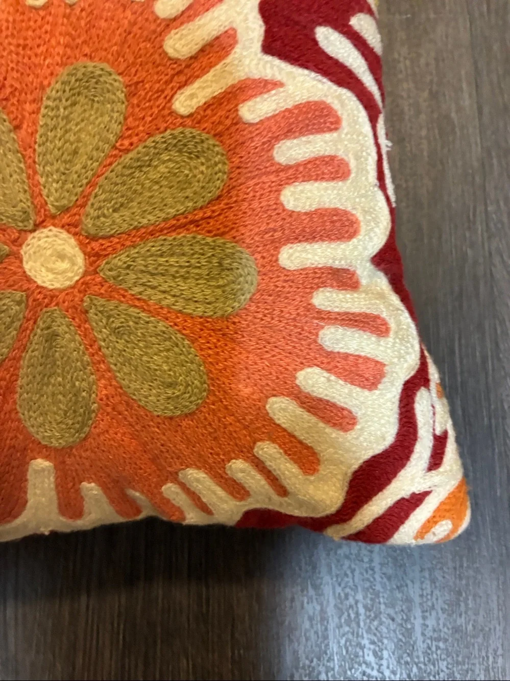 Vintage Floral Wood Appliqué Accent Pillow